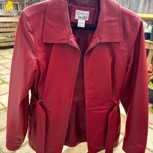 East 5th Red Leather Jacket with Zip-Up Style and Fitted Silhouette